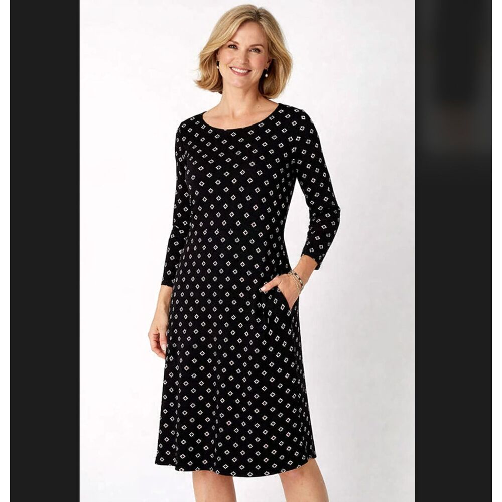 J Jill Wearever A Line Dress M? Black Geo Print Stretch Pockets Knit Career Boho